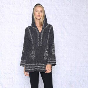 Monoreno Charcoal Gray Embroidered Flared Sleeve Bohemian Hoodie Tunic